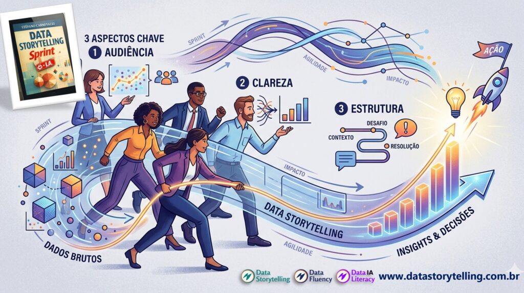 Ilustração explicativa sobre Data Storytelling destacando três aspectos chave: audiência, clareza e estrutura, representados por personagens interagindo com gráficos, dados brutos e elementos visuais coloridos. Fluxo visual mostra evolução de dados até insights e decisões, com setas, gráficos de barras e ícones que simbolizam impacto, contexto, desafio e resolução.
