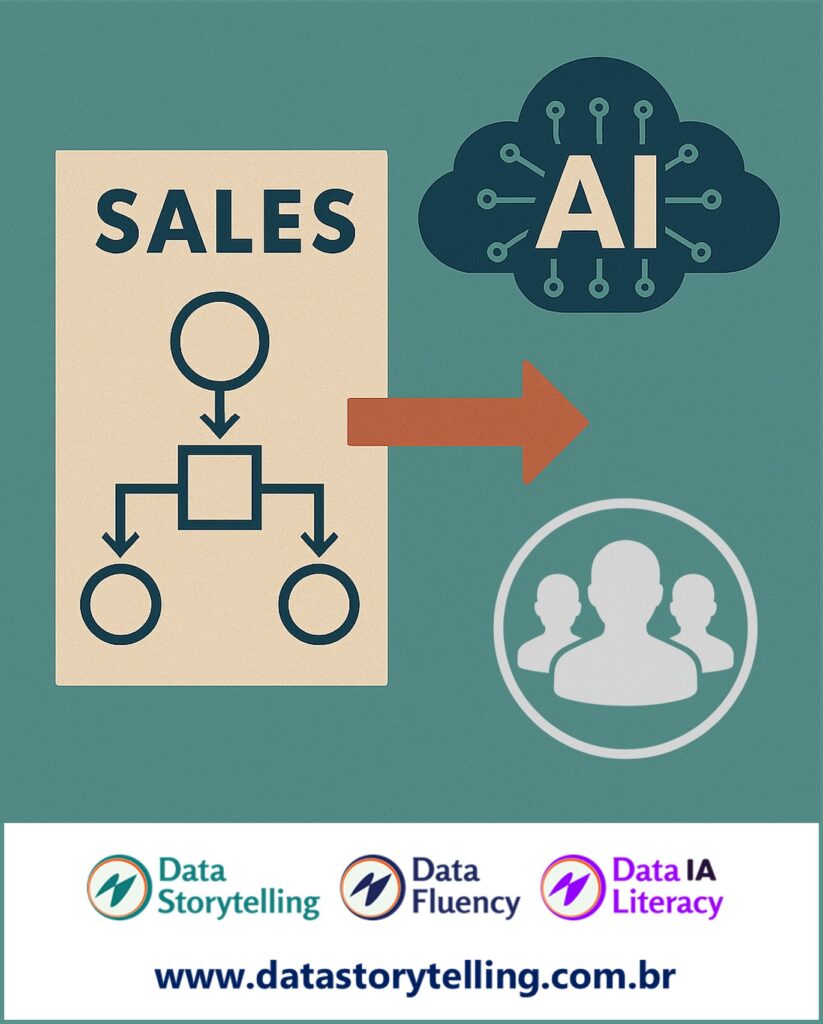 Diagrama ilustrando processo de vendas conectado à inteligência artificial (IA) e direcionado a um grupo de pessoas, simbolizando aplicação de IA para otimização de vendas. Elementos incluem fluxograma simples, nuvem com letras "AI" e ícone de grupo, com cores azul, bege e laranja, além de logotipos e endereço do site datastorytelling.com.br.
