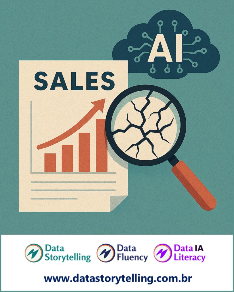 Ilustração conceitual mostrando gráfico de barras ascendentes com título "SALES" e lupa revelando rachaduras, simbolizando análise crítica de vendas. Nuvem com "AI" destaca uso de inteligência artificial, enquanto rodapé apresenta logos e site www.datastorytelling.com.br relacionados a storytelling, fluência e literacia em dados.