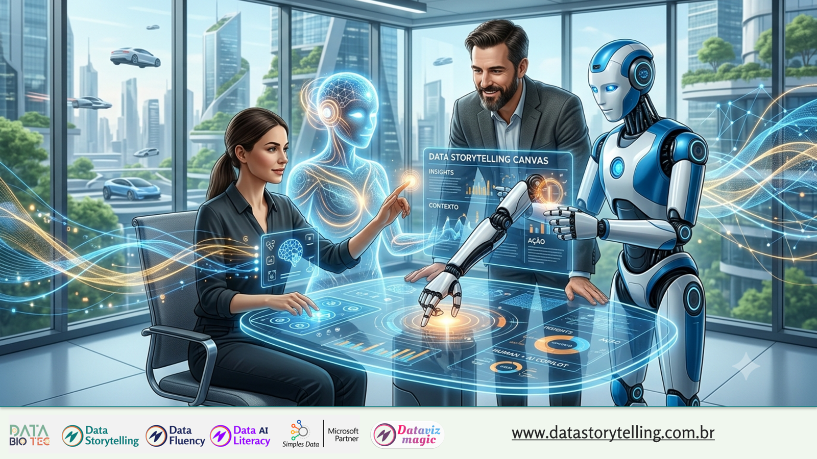"Uma mulher e um homem em um escritório futurista colaborando ao redor de uma mesa holográfica. Uma projeção de IA azul e um robô físico interagem com a interface que exibe o texto 'DATA STORYTELLING CANVAS' e gráficos de dados. Cenário de cidade moderna ao fundo com carros voadores."